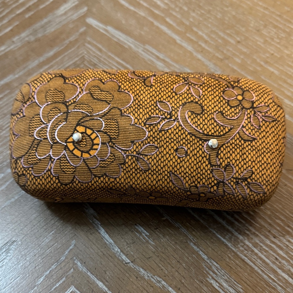 Floral Embroidered Glass Case - Brown With Orange Interior